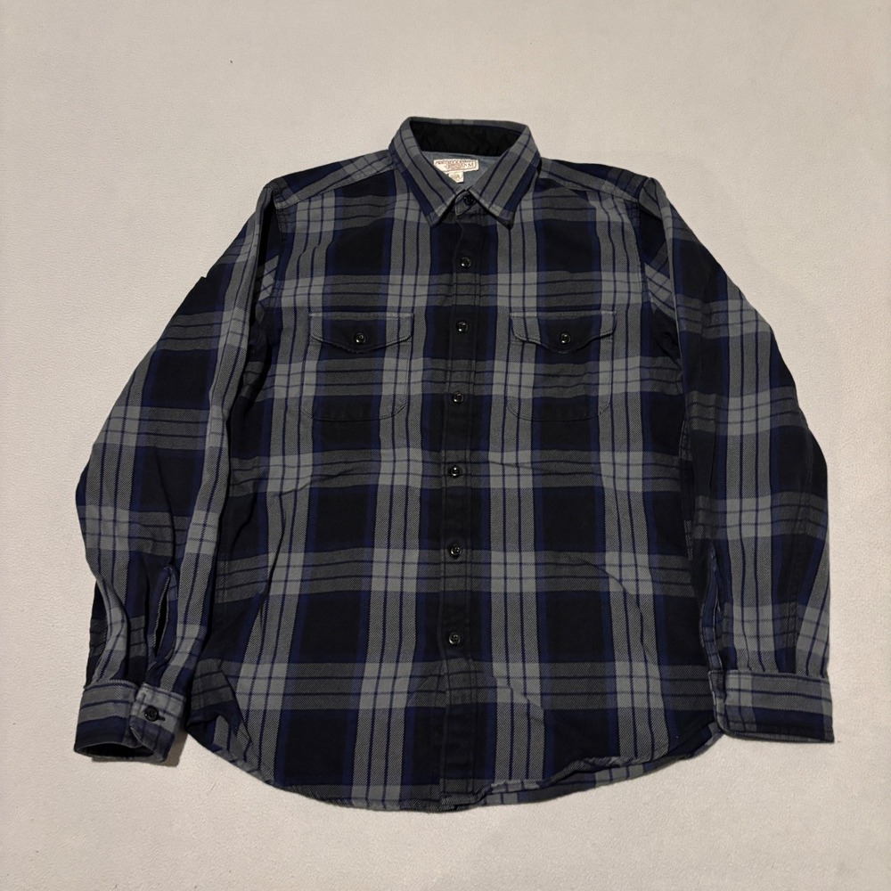 Wallace‎ & Barnes Mens Plaid Flannel Shirt Navy Blue Grey Cotton Size Medium
